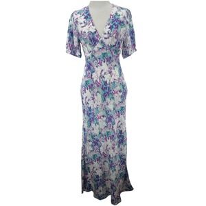A New Day Women XS Maxi Dress Purple Teal Abstract Short Sleeve V-Neck Satin